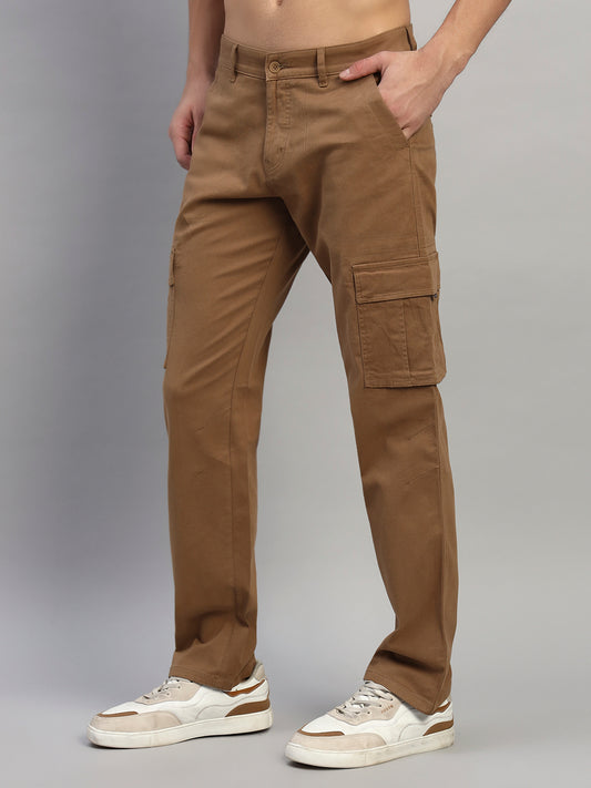 Men's Solid Camel Regular Fit Casual Cargo