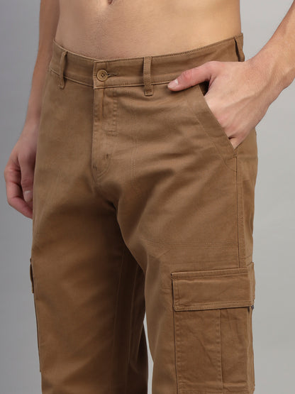 Men's Solid Camel Regular Fit Casual Cargo