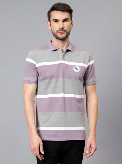 Men's Purple Striped Polo Neck Half Sleeve T-shirt