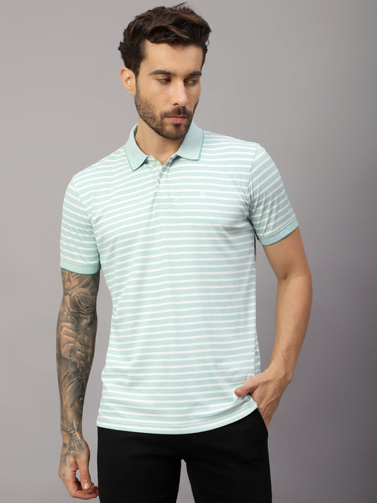 T-Shirt for Men | Breathable & Soft with Color Fastness Regular Fit Polo Neck Poly Cotton Fabric Striped Pattern