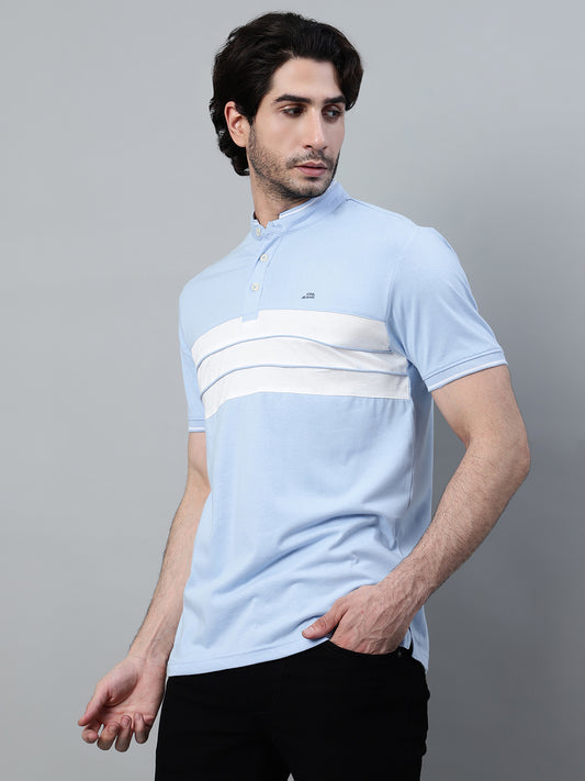 T-Shirt for Men | Breathable & Soft with Color Fastness Regular Fit Mandarin Collar Poly Cotton Fabric Colour Block Pattern