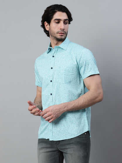 Men's Aqua Blue Casual Abstract Print Half Sleeve Shirt