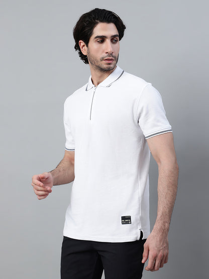 Men's White Solid Polo Neck Half Sleeve T-shirt