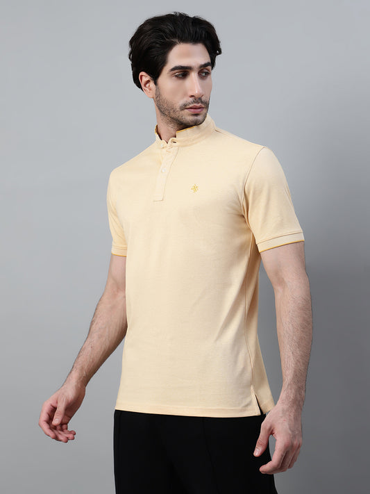 T-Shirt for Men | Breathable & Soft with Color Fastness Regular Fit Mandarin Collar Poly Cotton Fabric Solid Pattern