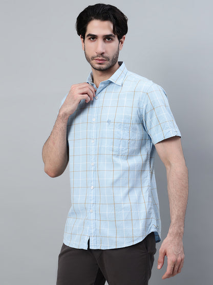 Men's Sky Blue Checkered Half Sleeve Casual Shirt