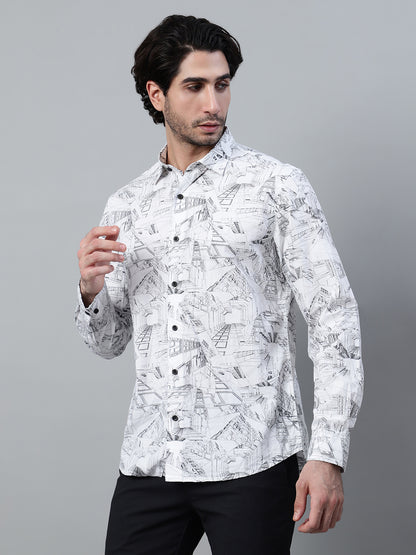 Men's White Printed Full Sleeve Casual Shirt