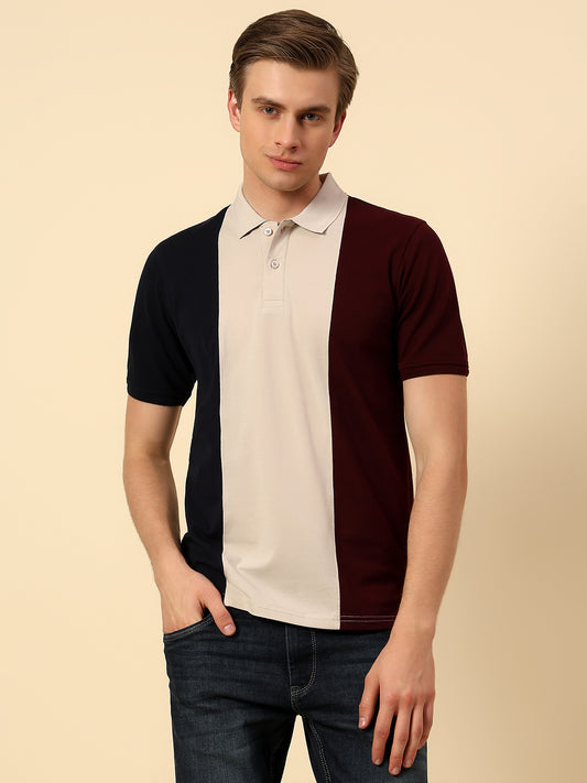T-Shirt for Men | Breathable & Soft with Color Fastness Regular Fit Polo Neck Poly Cotton Fabric Colourblocked Pattern