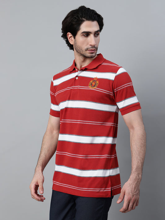 T-Shirt for Men | Breathable & Soft with Color Fastness Regular Fit Polo Neck Poly Cotton Fabric Striped Pattern