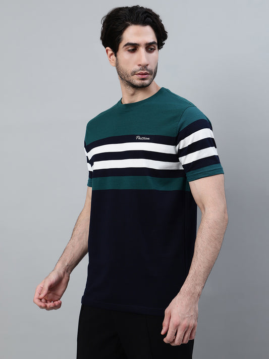 T-Shirt for Men | Breathable & Soft with Color Fastness Regular Fit Round Neck Poly Cotton Fabric Striped Pattern