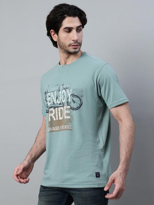 Men's Pista Green Regular Fit Printed Half Sleeve Casual T-Shirt