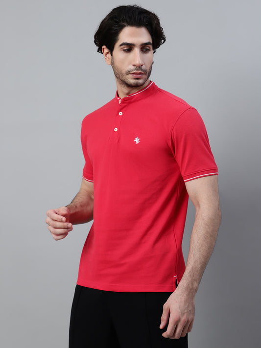T-Shirt for Men | Breathable & Soft with Color Fastness Regular Fit Mandarin Collar Poly Cotton Fabric Solid Pattern