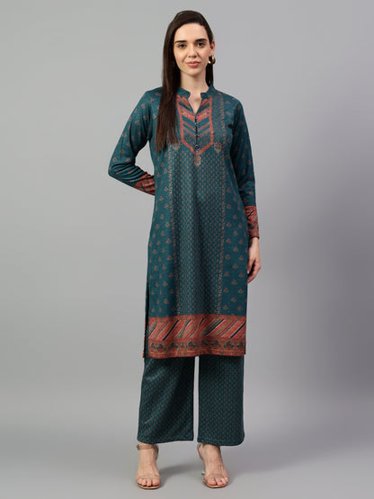 Women's Green Printed Mandarin Collar Kurta Palazzo Set For Winter