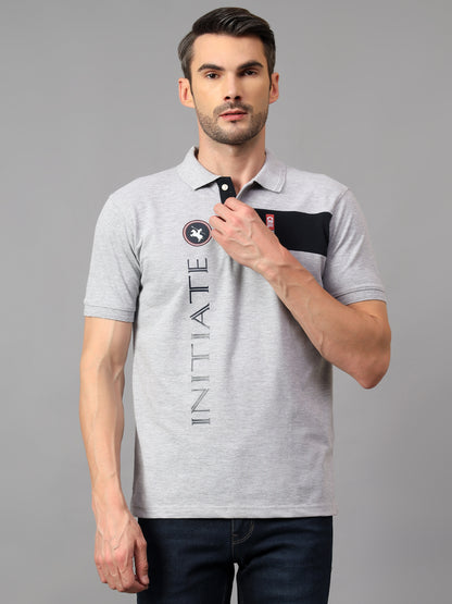 Men's Grey Printed Polo Neck Half Sleeve T-shirt