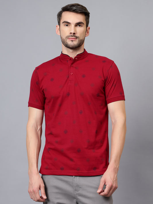 T-Shirt for Men | Breathable & Soft with Color Fastness Regular Fit Mandarin Collar Poly Cotton Fabric Printed Pattern