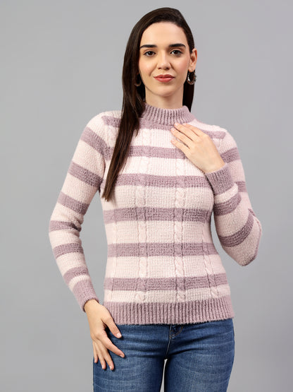 Cantabil Women's Striped Mauve Full Sleeve Casual Sweater