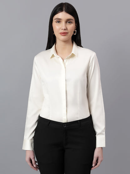 Women's Solid Off-White Spread Collar Full Sleeves Formal Shirt