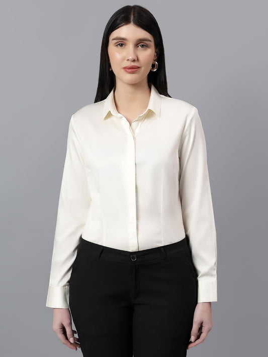Women's Solid Off-White Spread Collar Full Sleeves Formal Shirt