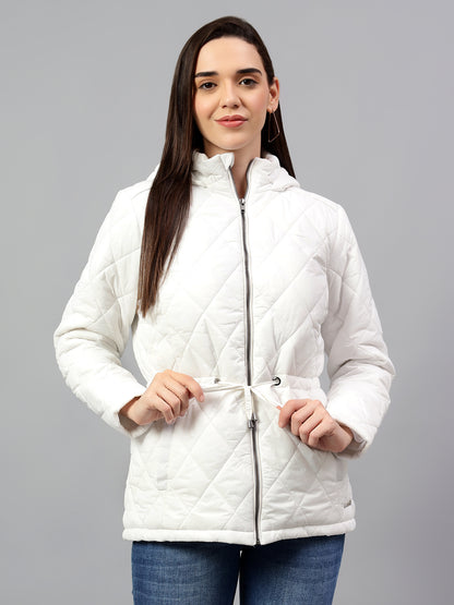 Women's Off White Solid Full Sleeves Winter Jacket