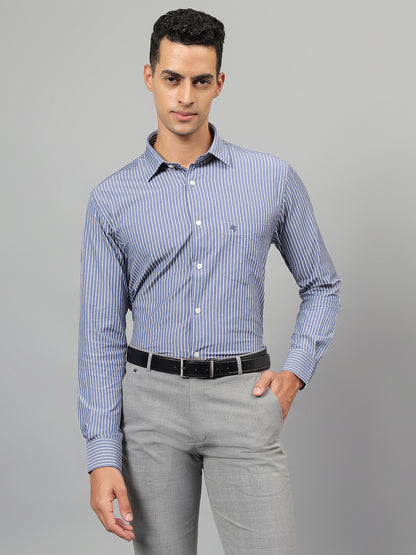 Men's Navy Blue Striped Formal Full Sleeves Shirt