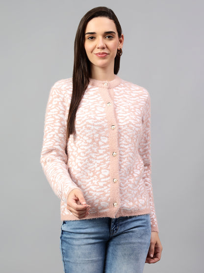 Women's Self Design Pink Full Sleeve Cardigan Casual Sweater