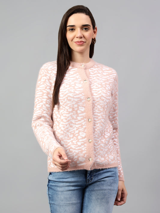 Women's Self Design Pink Full Sleeve Cardigan Casual Sweater