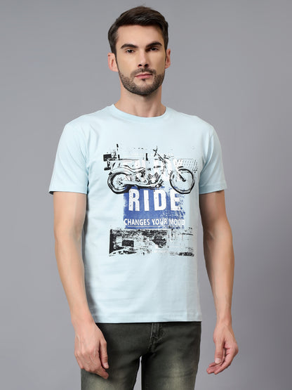 Men's Sky Blue Printed Round Neck Half Sleeve T-shirt