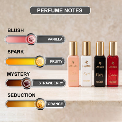 Cantabil Luxury Long Lasting Perfume Gift Set for Men & Women | Pack of 4 x 20ml Each | Mystery, Blush, Seduction & Spark Premium Eau De Parfum Fragrances