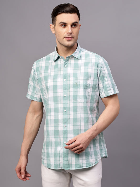 Men's Turquoise Slim Fit Checkered Half Sleeve Casual Shirt
