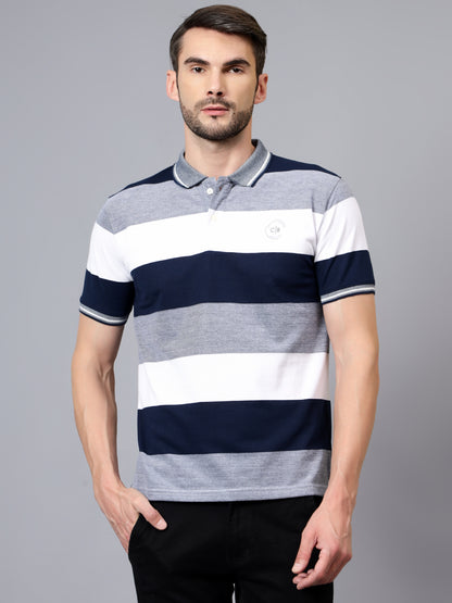 Men's White Striped Polo Neck Half Sleeve T-shirt