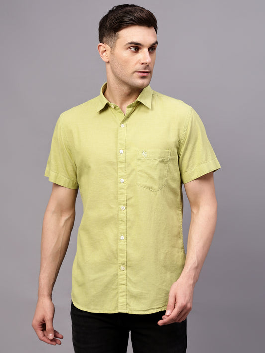 Men's Pista Green Slim Fit Solid Half Sleeve Casual Shirt