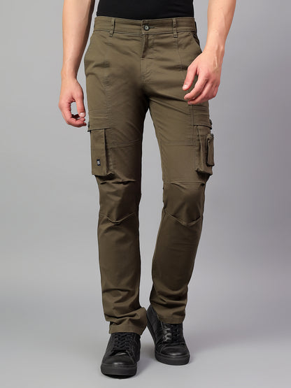 Men's Olive Green Solid Full Length Cargo