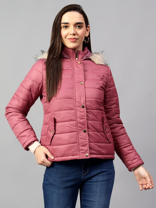 Women's Pink Solid Full Sleeves Winter Jacket