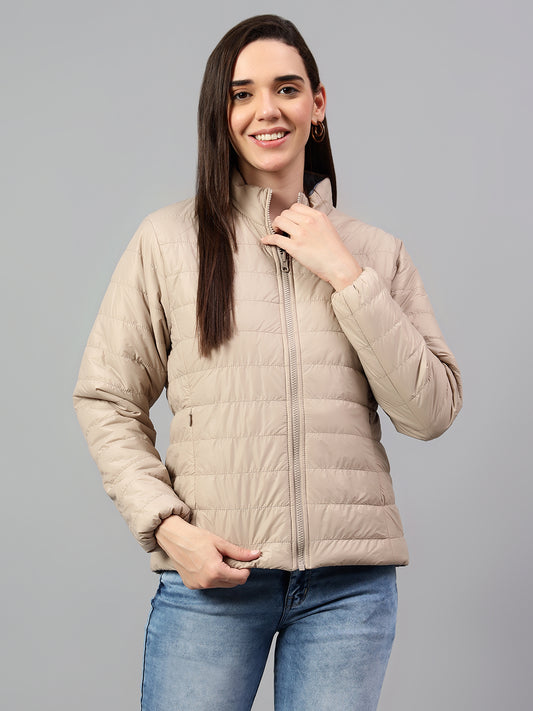Women's Beige and Grey Solid Reversible Winter Jacket