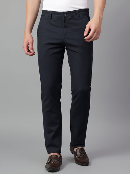 Men's Navy Blue Solid Non-Pleated Casual Trouser