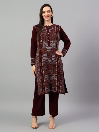 Women's Maroon Printed Round Neck Kurta Palazzo Set For Winter