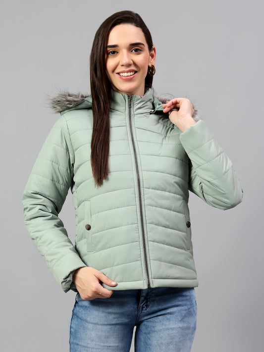 Women's Green Solid Full Sleeves Winter Jacket
