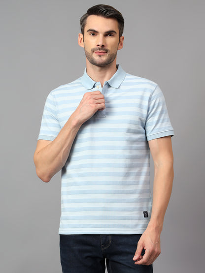 Men's Sky Blue Striped Polo Neck Half Sleeve T-shirt