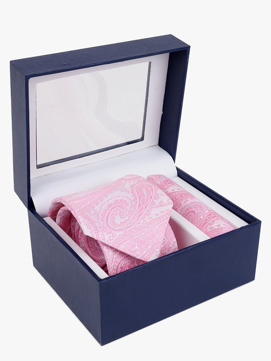 Men's Pink Printed Tie With Pocket Square Set