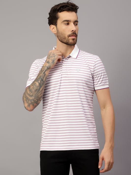 T-Shirt for Men | Breathable & Soft with Color Fastness Regular Fit Polo Neck Poly Cotton Fabric Striped Pattern