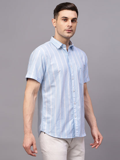 Men's Sky Blue Casual Broad Stripe Half sleeve Shirt