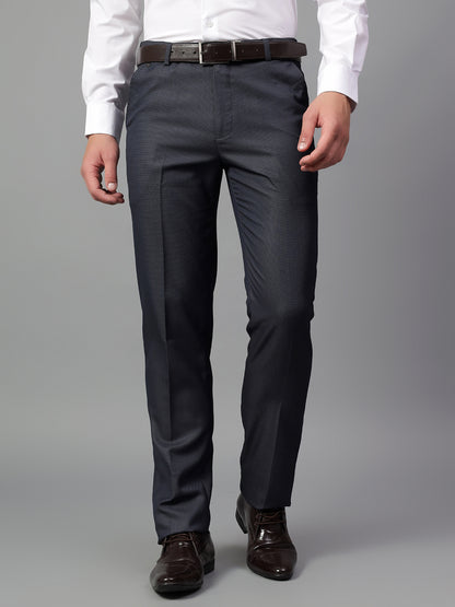 Men's Navy Blue Self Design Non-Pleated Formal Trouser