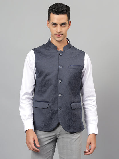 Men's Navy Blue Self Design Partywear Waistcoat
