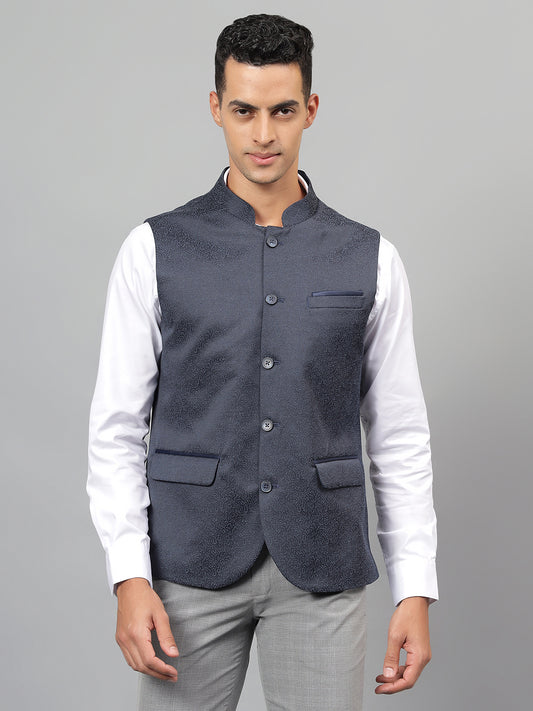 Men's Navy Blue Self Design Partywear Waistcoat