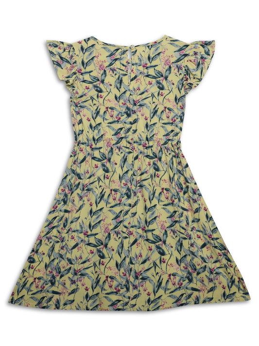 Cantabil Girls Rayon Floral Print Round Neck Cap Sleeves Fit and Flare Yellow Casual Dress (7163133984907)