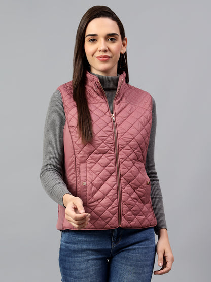 Women's Pink Solid Sleeveless Winter Jacket