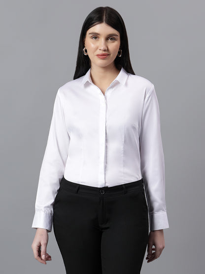 Women's Solid White Spread Collar Full Sleeves Formal Shirt