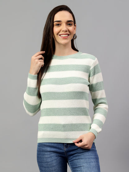 Women's Striped Sea Green Full Sleeve Casual Sweater