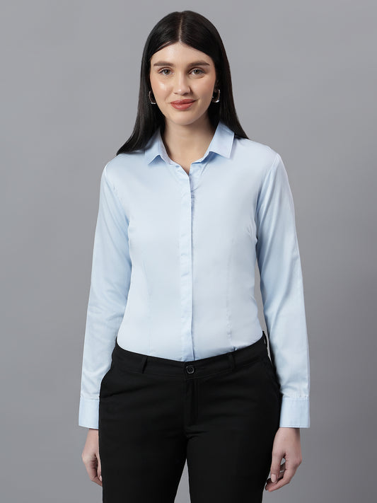 Women's Solid Sky Blue Spread Collar Full Sleeves Formal Shirt
