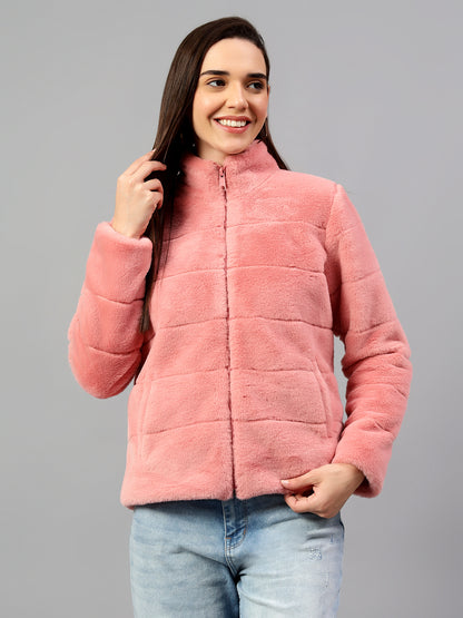 Women's Pink Solid Full Sleeves Winter Jacket