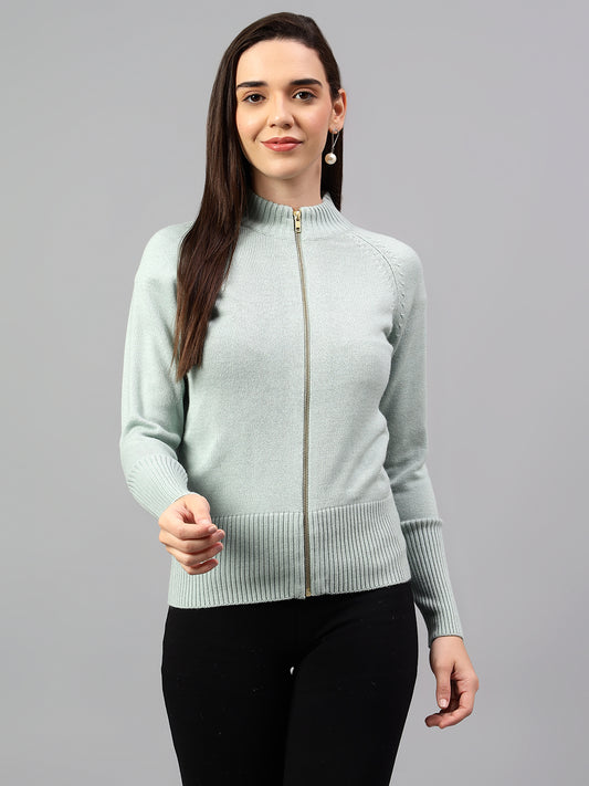 Women's Solid Aqua Full Sleeve Casual Sweater
